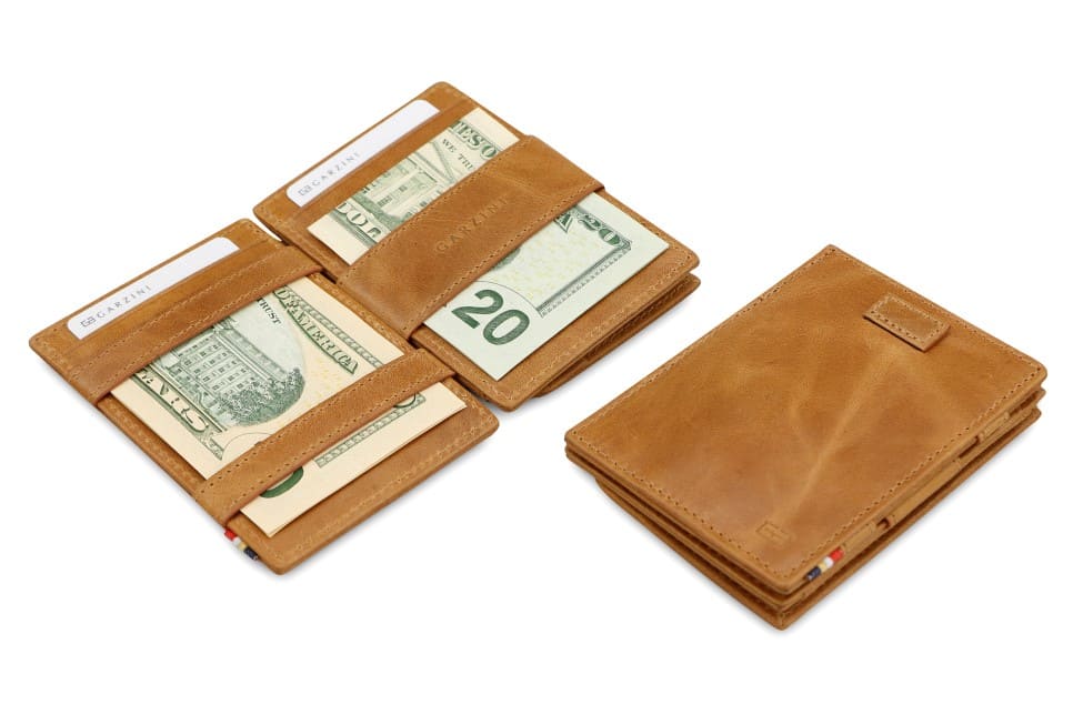 Front and open view of Cavare Magic Coin Wallet Card Sleeve in Brushed Cognac with pull tab, coin pocket, and money straps.