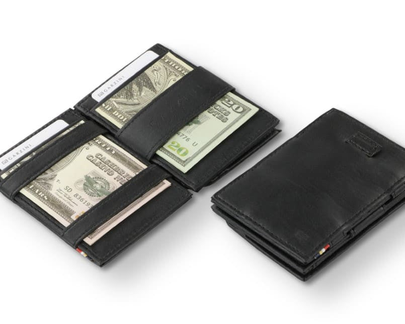 Front and open view of Cavare Magic Coin Wallet Card Sleeve in Cactus Black with pull tab, coin pocket, and money straps.