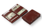 Front and open view of Cavare Magic Coin Wallet Card Sleeve in Cactus Burgundy with pull tab, coin pocket, and money straps.