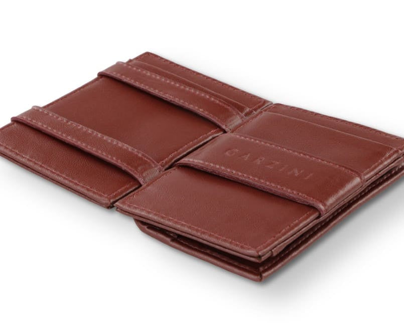 Open Cavare Magic Coin Wallet Card Sleeve Vegan  in Cactus Burgundy with pull tab, back coin pocket, and money straps.