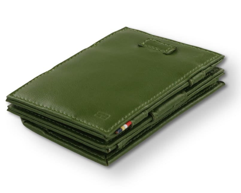Front view of Cavare Magic Coin Wallet Card Sleeve Vegan in Cactus Green with pull tab.