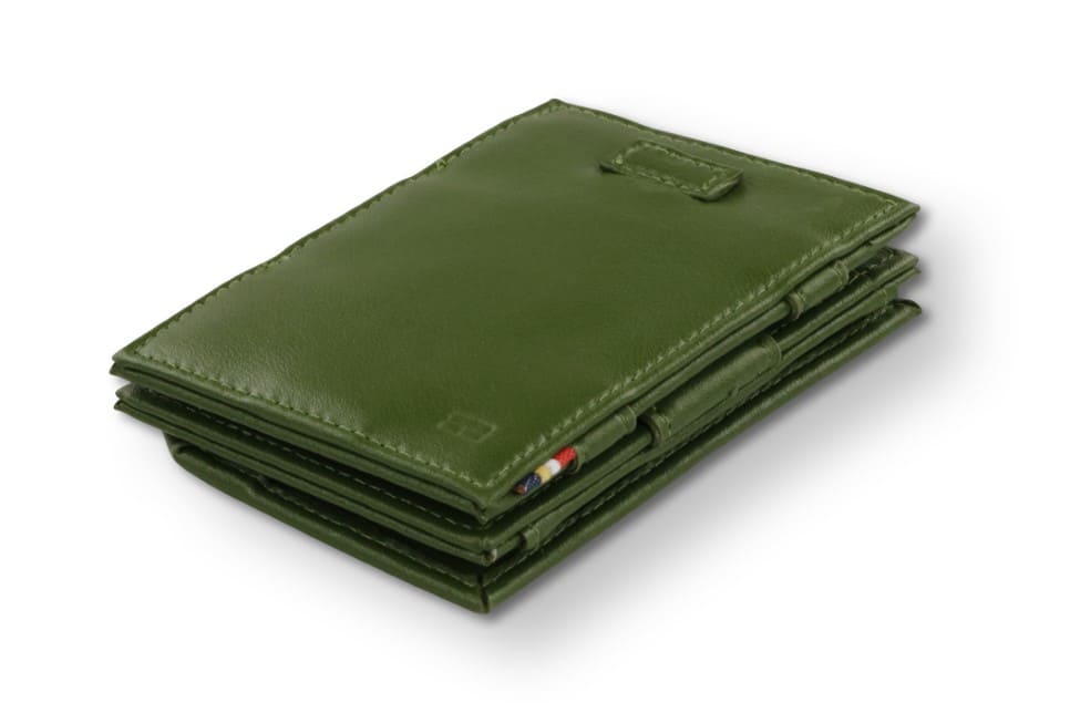 Front view of Cavare Magic Coin Wallet Card Sleeve Vegan in Cactus Green with pull tab.