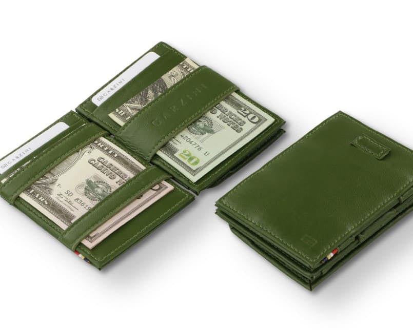Front and open view of Cavare Magic Coin Wallet Card Sleeve in Cactus Green with pull tab, coin pocket, and money straps.