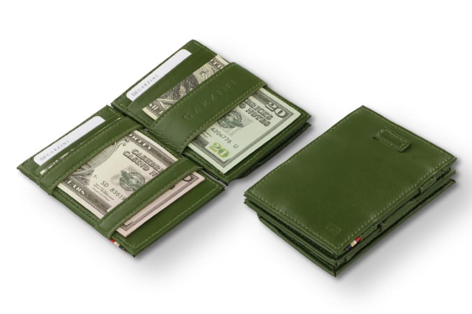 Front and open view of Cavare Magic Coin Wallet Card Sleeve in Cactus Green with pull tab, coin pocket, and money straps.