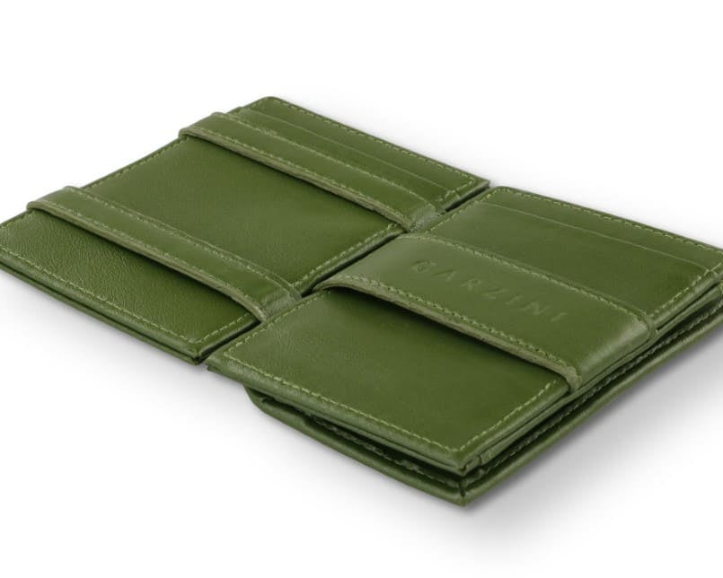 Open Cavare Magic Coin Wallet Card Sleeve Vegan  in Cactus Green with pull tab, back coin pocket, and money straps.