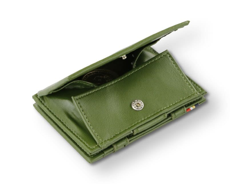 Back view of Cavare Magic Coin Wallet Card Sleeve Vegan in Cactus Green with open coin pocket.