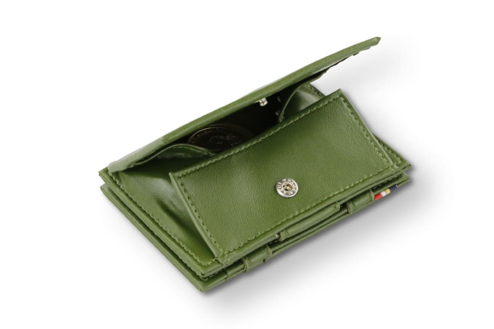 Back view of Cavare Magic Coin Wallet Card Sleeve Vegan in Cactus Green with open coin pocket.