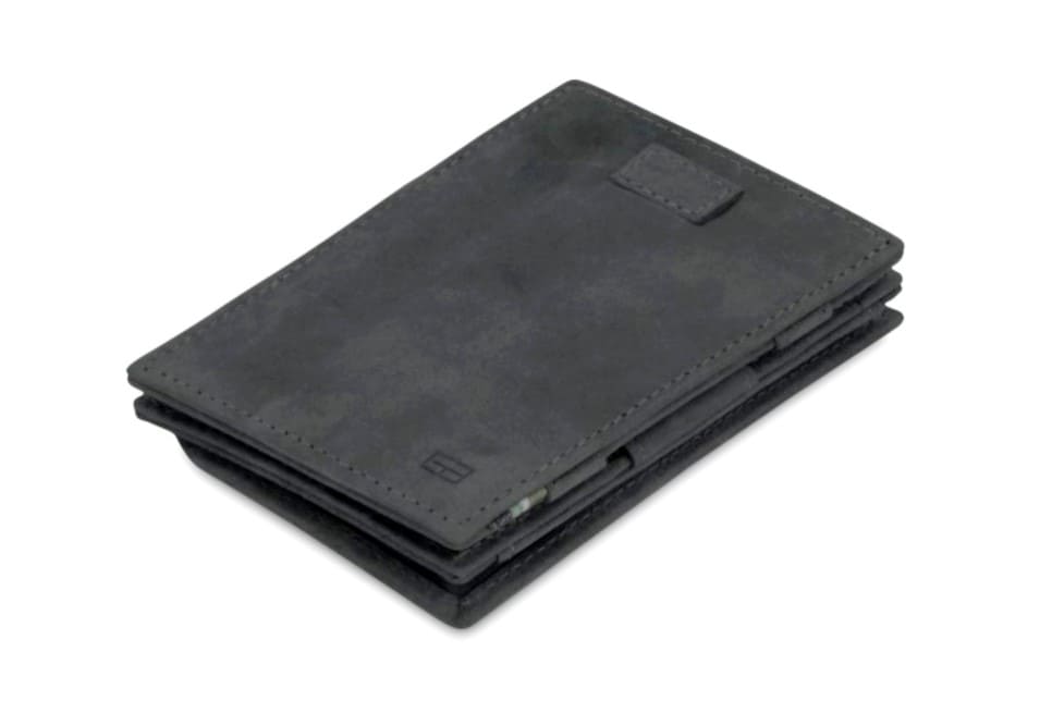 Front view of Cavare Magic Coin Wallet Card Sleeve Vintage in Carbon Black with pull tab.