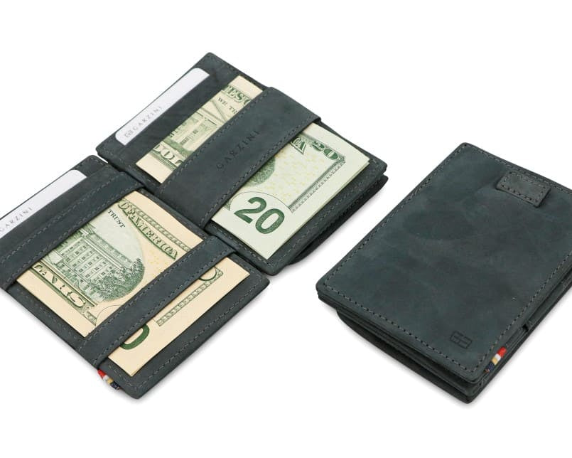 Front and open view of Cavare Magic Coin Wallet Card Sleeve in Carbon Black with pull tab, coin pocket, and money straps.