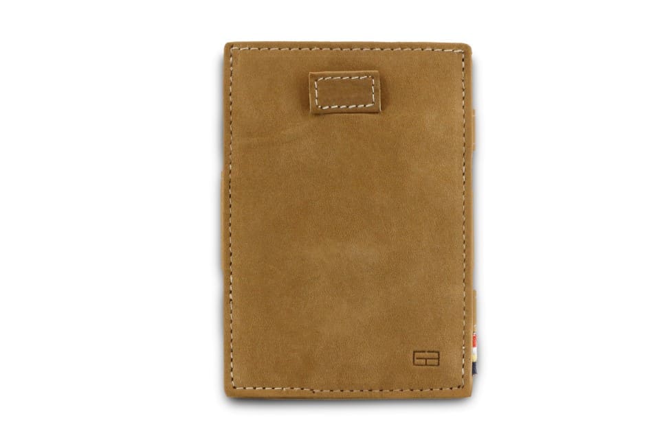 Front view of Cavare Magic Coin Wallet Card Sleeve Vintage in camel brown.