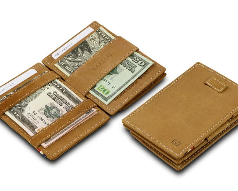 Front and open view of Cavare Magic Coin Wallet Card Sleeve in camel brown with pull tab, coin pocket, and money straps.