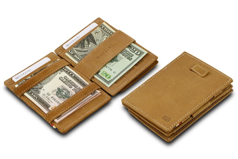 Front and open view of Cavare Magic Coin Wallet Card Sleeve in camel brown with pull tab, coin pocket, and money straps.