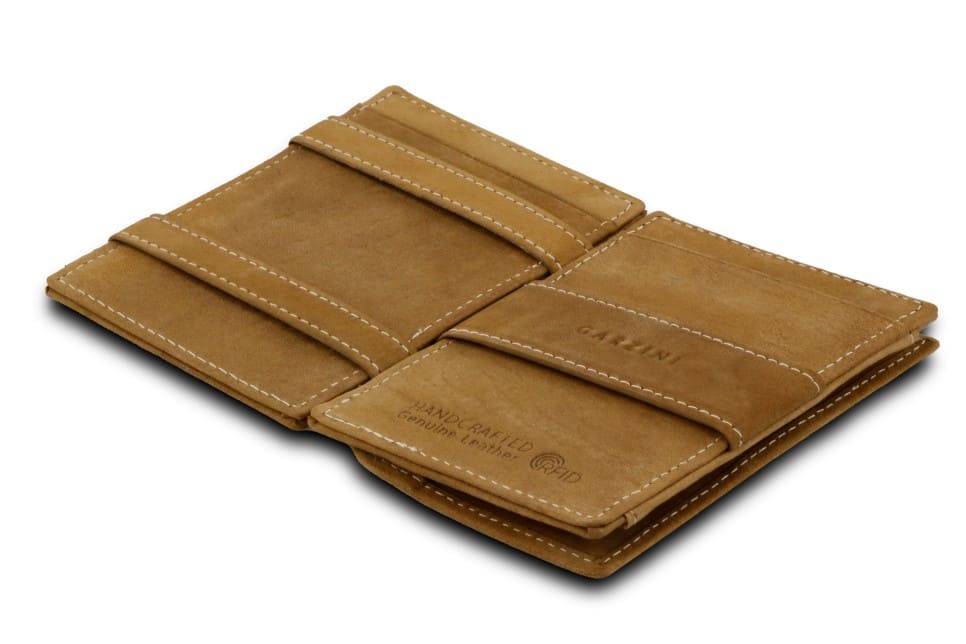 Open Cavare Magic Coin Wallet Card Sleeve Vintage  in camel brown with pull tab, back coin pocket, and money straps.
