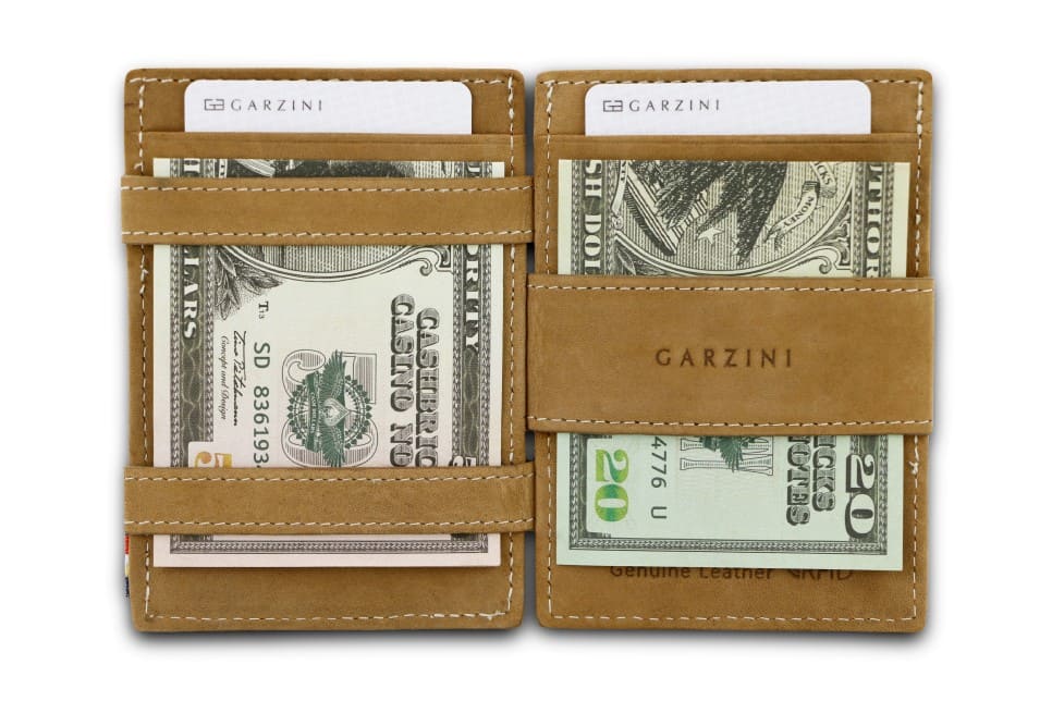 Open view of Cavare Magic Coin Wallet Card Sleeve Vintage  in camel brown with money inside.
