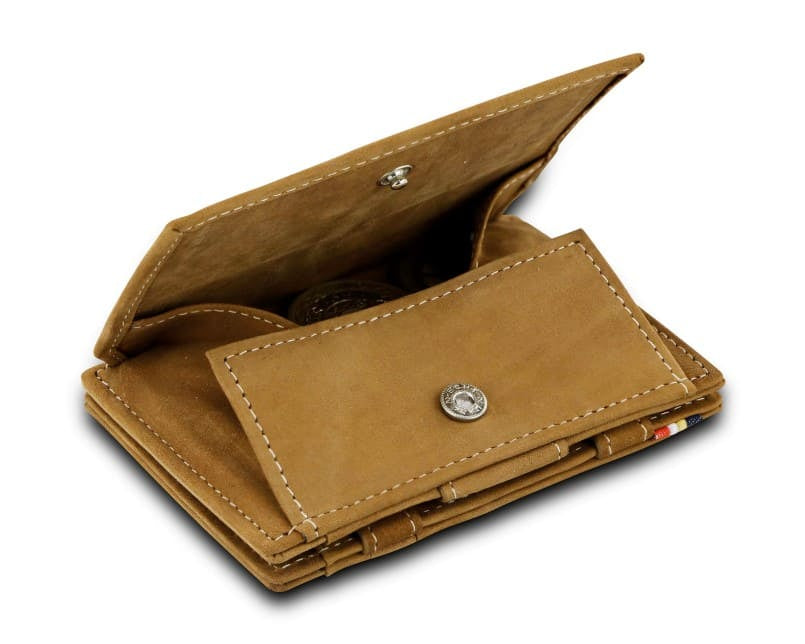 Back view of Cavare Magic Coin Wallet Card Sleeve Vintage in camel brown with open coin pocket.