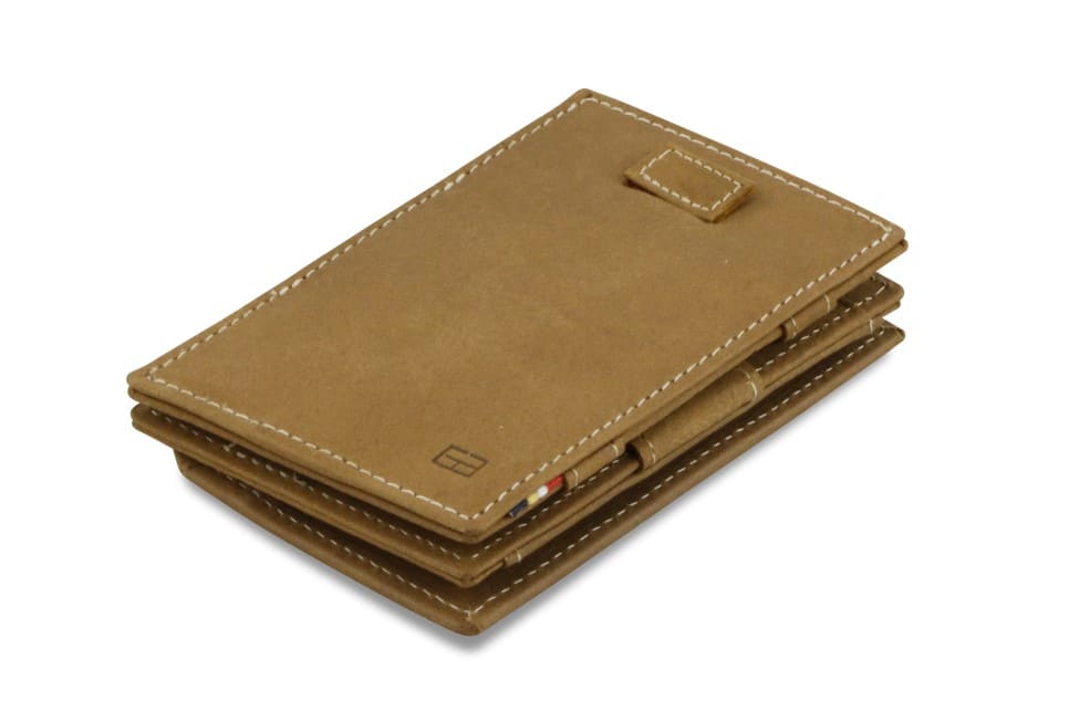 Front view of Cavare Magic Coin Wallet Card Sleeve Vintage in camel brown with pull tab.