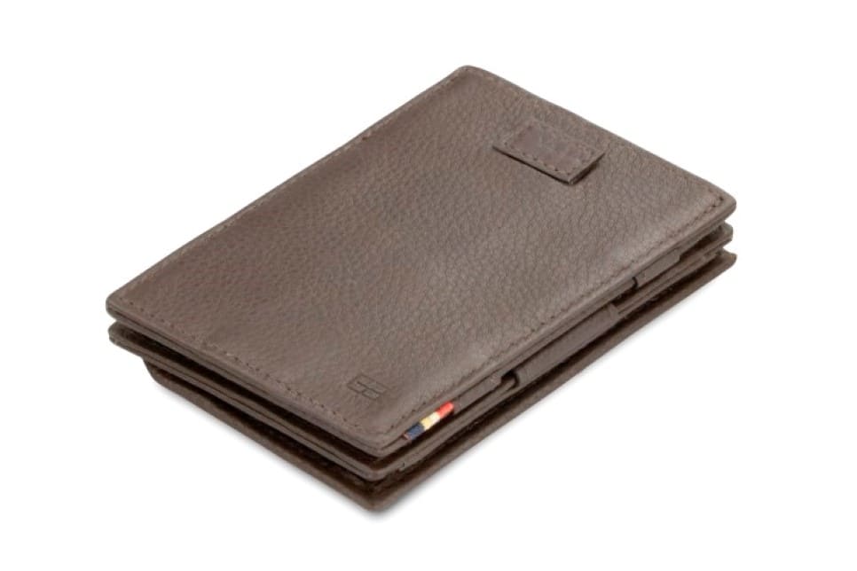 Front view of Cavare Magic Coin Wallet Card Sleeve Nappa in Chocolate Brown with pull tab.