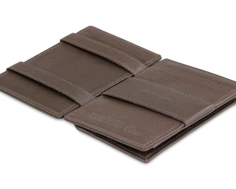 Open Cavare Magic Coin Wallet Card Sleeve Nappa  in Chocolate Brown with pull tab, back coin pocket, and money straps.