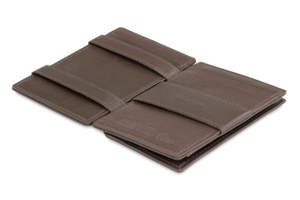 Open Cavare Magic Coin Wallet Card Sleeve Nappa  in Chocolate Brown with pull tab, back coin pocket, and money straps.