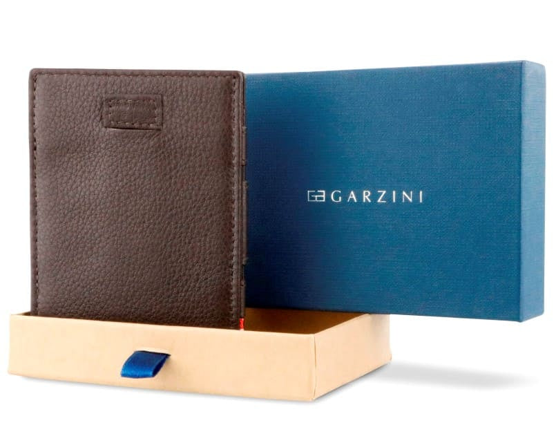 Half-open blue box with Garzini brand name Inside the box, the Chocolate Brown wallet is wrapped in tissue paper, placed in a light cardboard box with a blue strap.