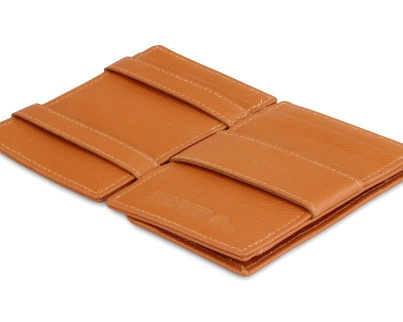 Open Cavare Magic Coin Wallet Card Sleeve Nappa  in Cognac Brown with pull tab, back coin pocket, and money straps.