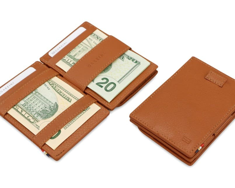 Front and open view of Cavare Magic Coin Wallet Card Sleeve in Cognac Brown with pull tab, coin pocket, and money straps.