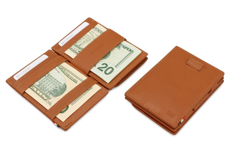 Front and open view of Cavare Magic Coin Wallet Card Sleeve in Cognac Brown with pull tab, coin pocket, and money straps.