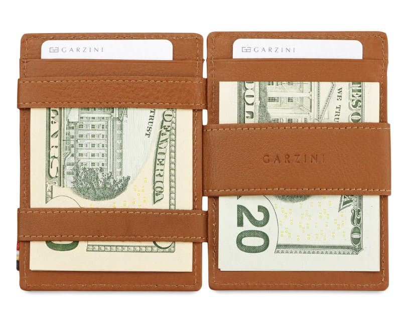 Open view of Cavare Magic Coin Wallet Card Sleeve Nappa  in Cognac Brown with money inside.
