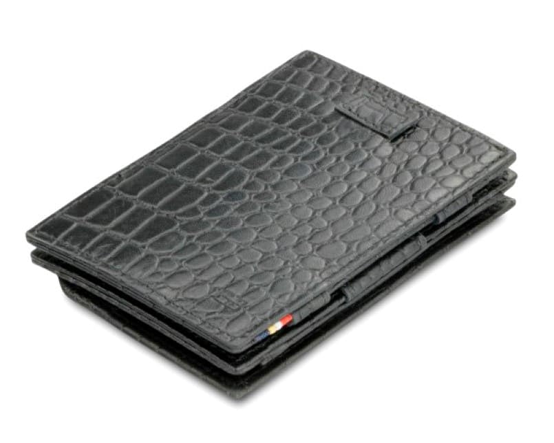 Front view of Cavare Magic Coin Wallet Card Sleeve Croco in Black with pull tab.