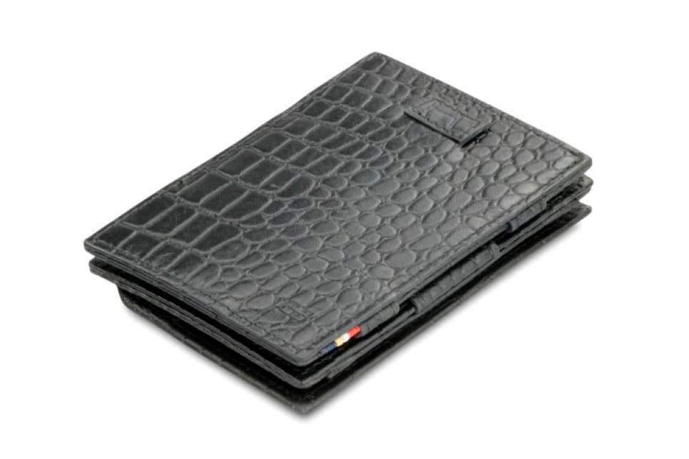 Front view of Cavare Magic Coin Wallet Card Sleeve Croco in Black with pull tab.