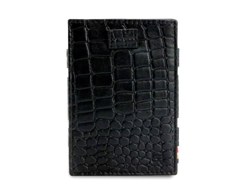 Front view of Cavare Magic Coin Wallet Card Sleeve Croco in Black.