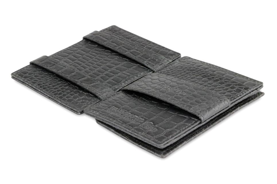 Open Cavare Magic Coin Wallet Card Sleeve Croco  in Black with pull tab, back coin pocket, and money straps.