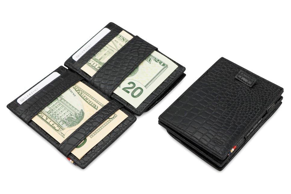 Front and open view of Cavare Magic Coin Wallet Card Sleeve in Black with pull tab, coin pocket, and money straps.