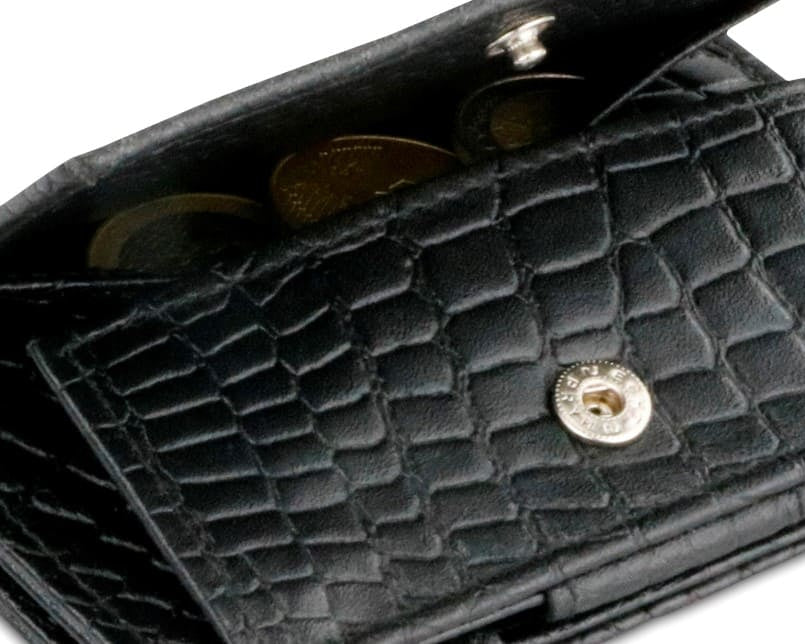 Back view of Cavare Magic Coin Wallet Card Sleeve Croco in Black with open coin pocket.