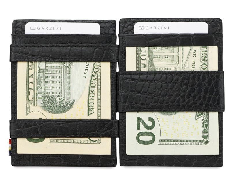 Open view of Cavare Magic Coin Wallet Card Sleeve Croco  in Black with money inside.