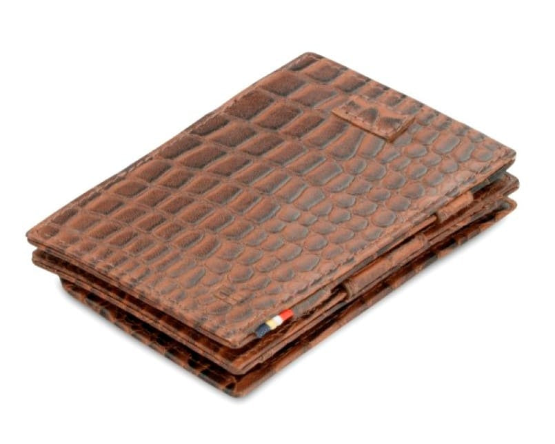 Front view of Cavare Magic Coin Wallet Card Sleeve Croco in Brown with pull tab.