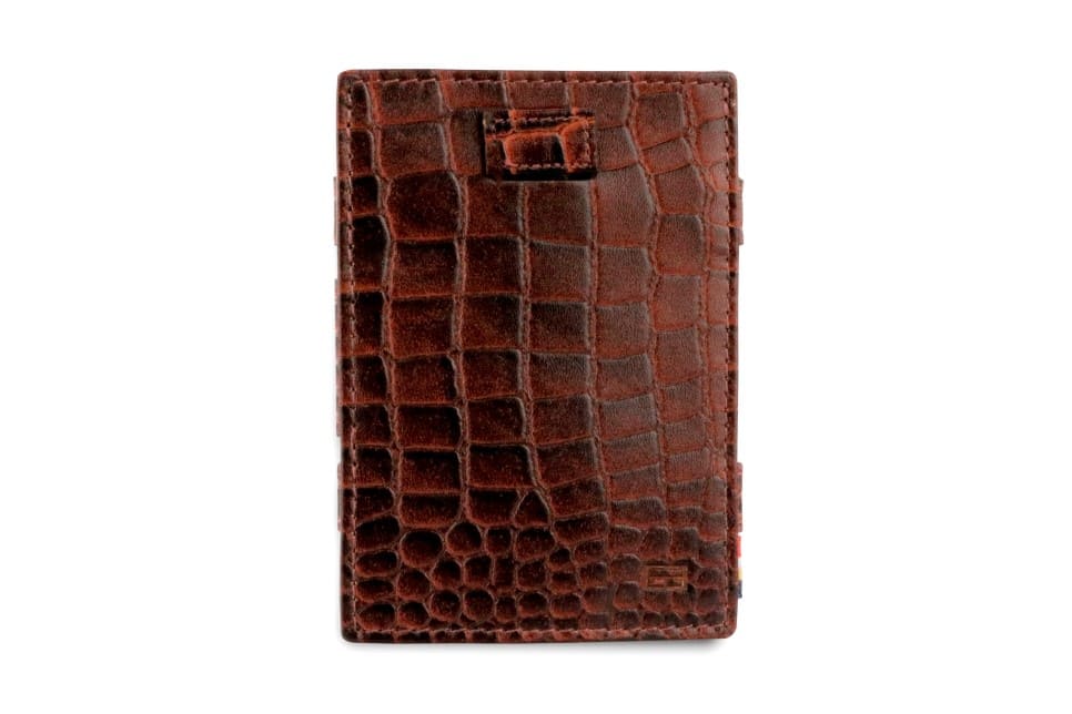 Front view of Cavare Magic Coin Wallet Card Sleeve Croco in Brown.