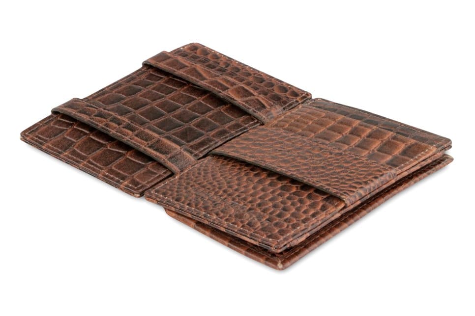 Open Cavare Magic Coin Wallet Card Sleeve Croco  in Brown with pull tab, back coin pocket, and money straps.