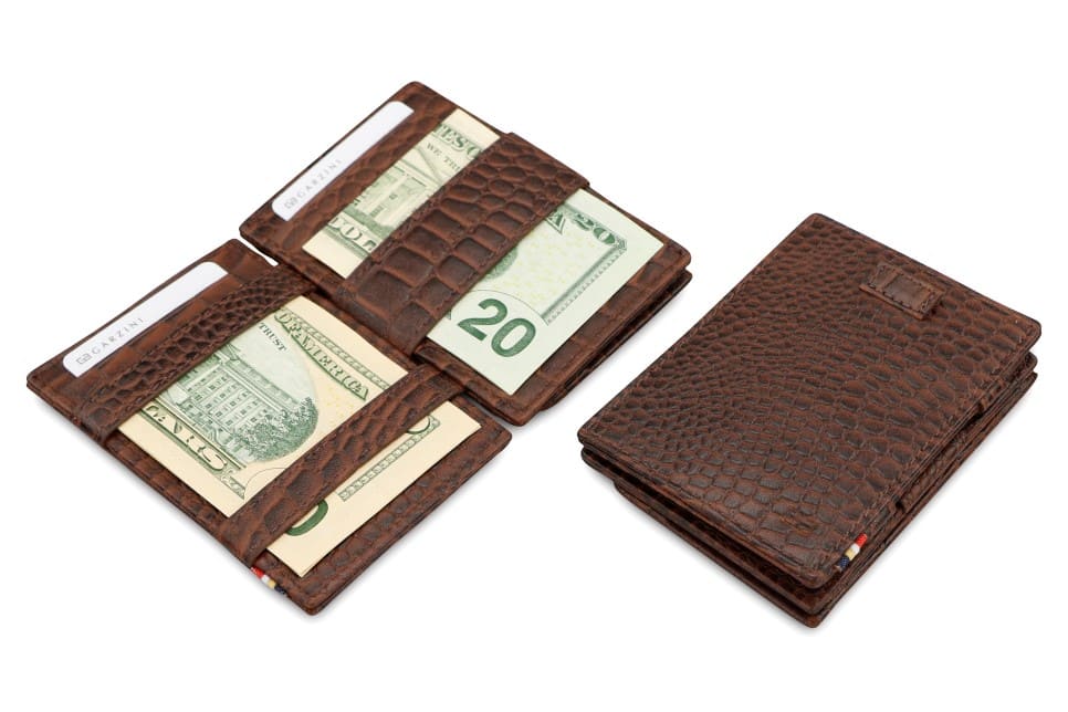 Front and open view of Cavare Magic Coin Wallet Card Sleeve in Brown with pull tab, coin pocket, and money straps.