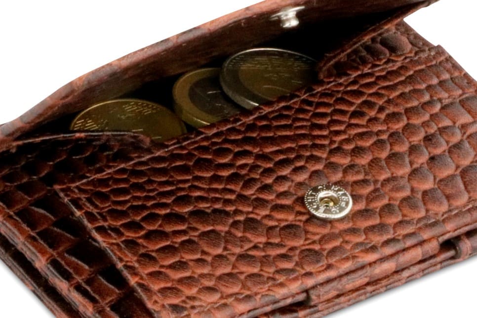 Back view of Cavare Magic Coin Wallet Card Sleeve Croco in Brown with open coin pocket.