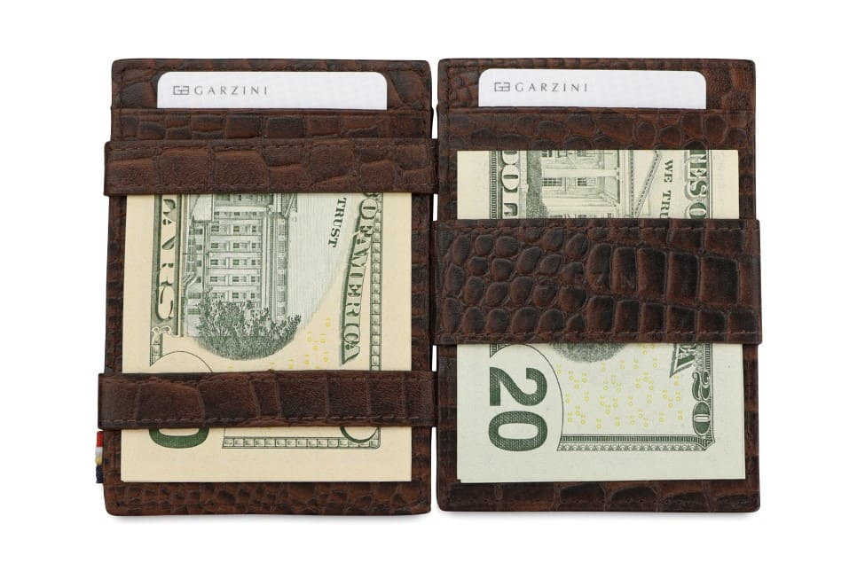 Open view of Cavare Magic Coin Wallet Card Sleeve Croco  in Brown with money inside.