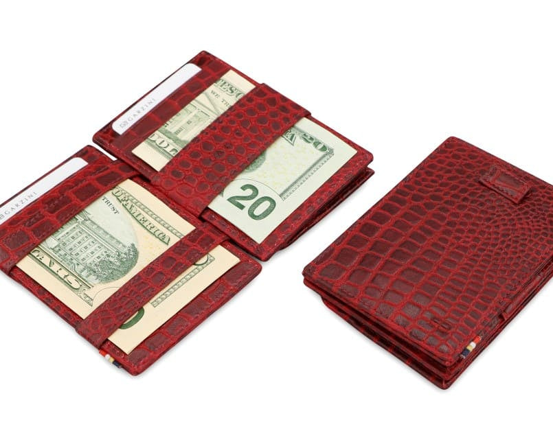 Front and open view of Cavare Magic Coin Wallet Card Sleeve in Burgundy with pull tab, coin pocket, and money straps.