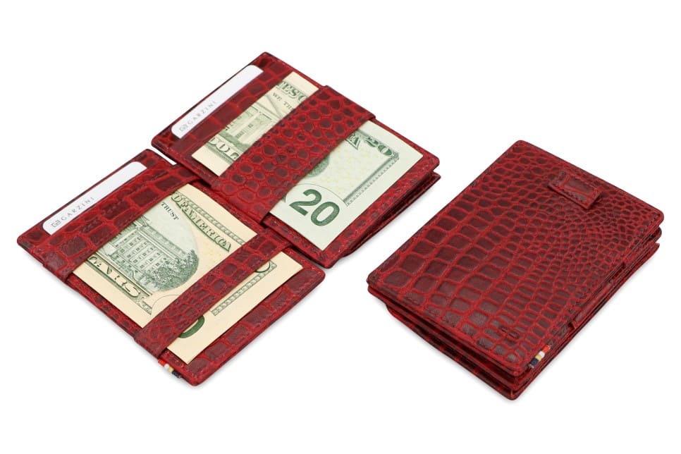 Front and open view of Cavare Magic Coin Wallet Card Sleeve in Burgundy with pull tab, coin pocket, and money straps.