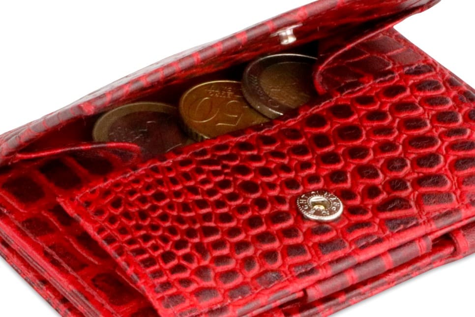 Back view of Cavare Magic Coin Wallet Card Sleeve Croco in Burgundy with open coin pocket.
