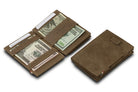 Front and open view of Cavare Magic Coin Wallet Card Sleeve in Java Brown with pull tab, coin pocket, and money straps.