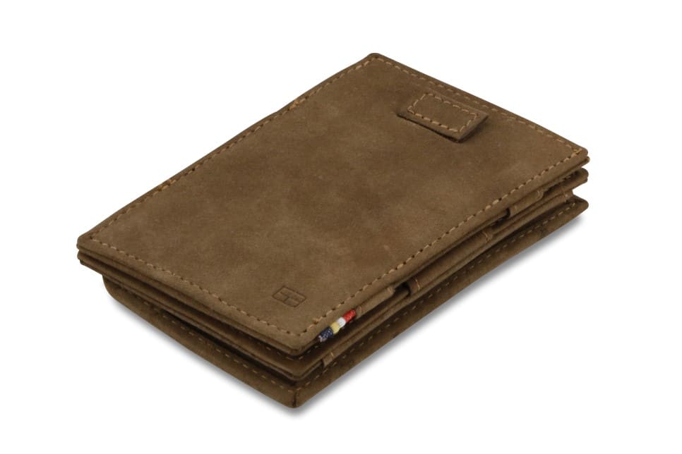 Front view of Cavare Magic Coin Wallet Card Sleeve Vintage in Java Brown with pull tab.