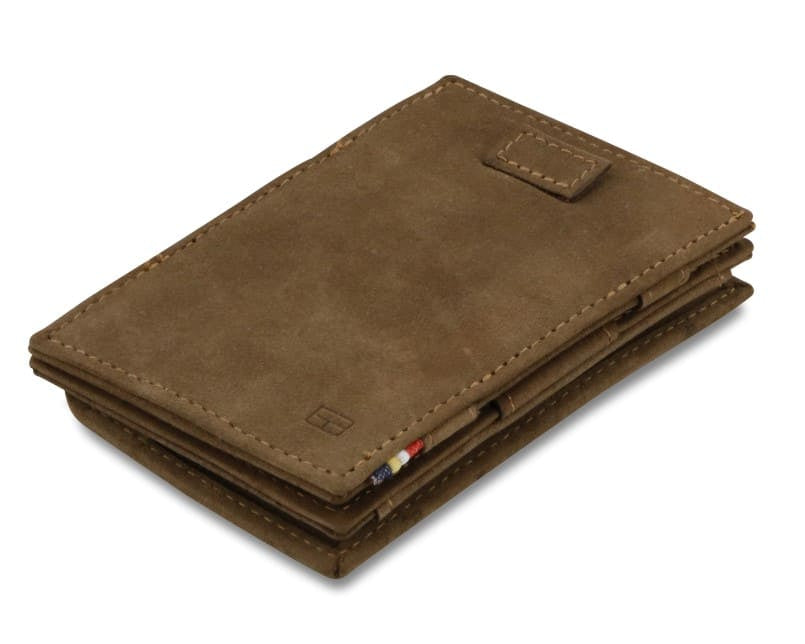 Front view of Cavare Magic Coin Wallet Card Sleeve Vintage in Java Brown with pull tab.