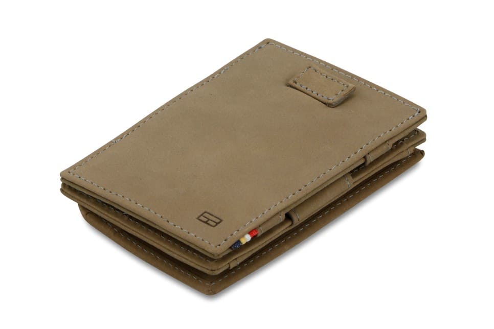 Front view of Cavare Magic Coin Wallet Card Sleeve Vintage in Metal Grey with pull tab.
