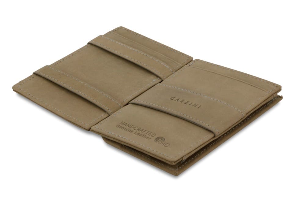 Open Cavare Magic Coin Wallet Card Sleeve Vintage  in Metal Grey with pull tab, back coin pocket, and money straps.