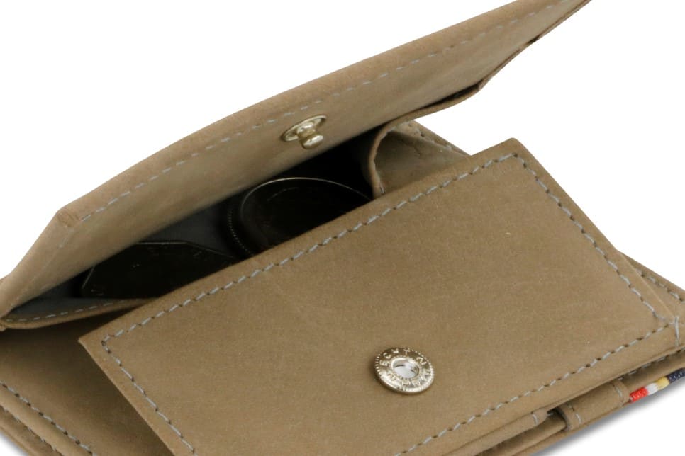 Back view of Cavare Magic Coin Wallet Card Sleeve Vintage in Metal Grey with open coin pocket.